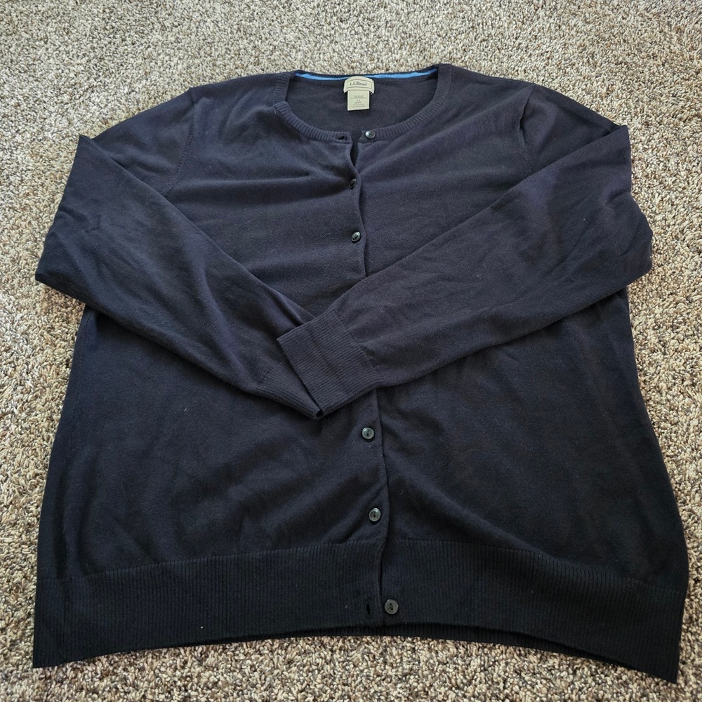 LL Bean Cardigan Sweater Women Classic 1X Navy Blue Cotton Blend Button Front